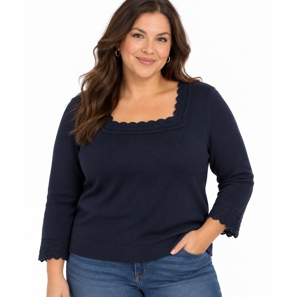 Boden Navy Blue Cotton Crochet Trim Square Neck Sweater Top US 20/22 K0571